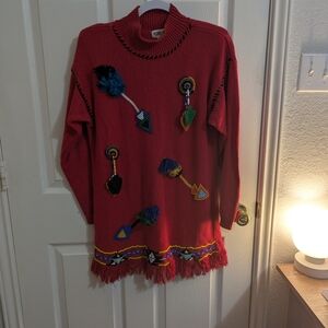 Victoria Jones Woman Red Sweater with Colorful Embellishments